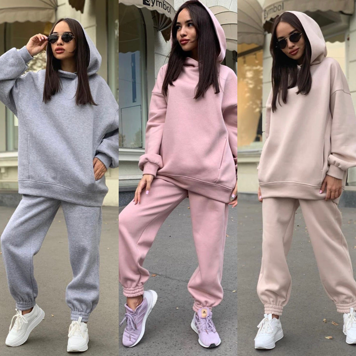 Women’ s Fashion Solid Color Hoodie Casual Two Piece Set