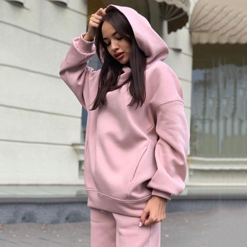 Women’ s Fashion Solid Color Hoodie Casual Two Piece Set