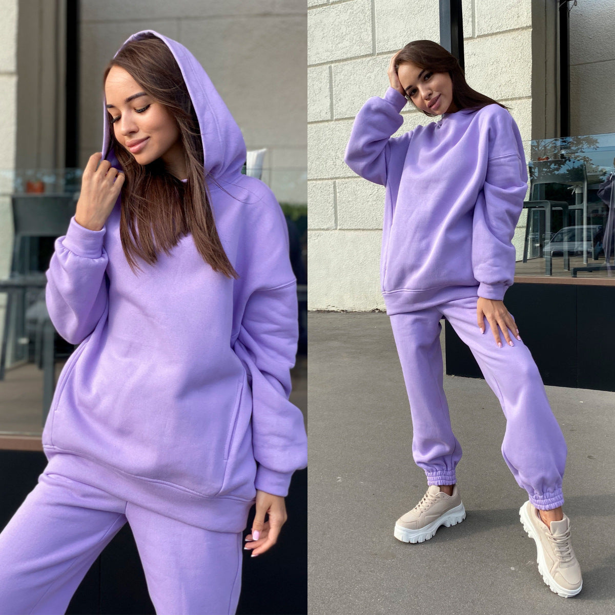 Women’ s Fashion Solid Color Hoodie Casual Two Piece Set