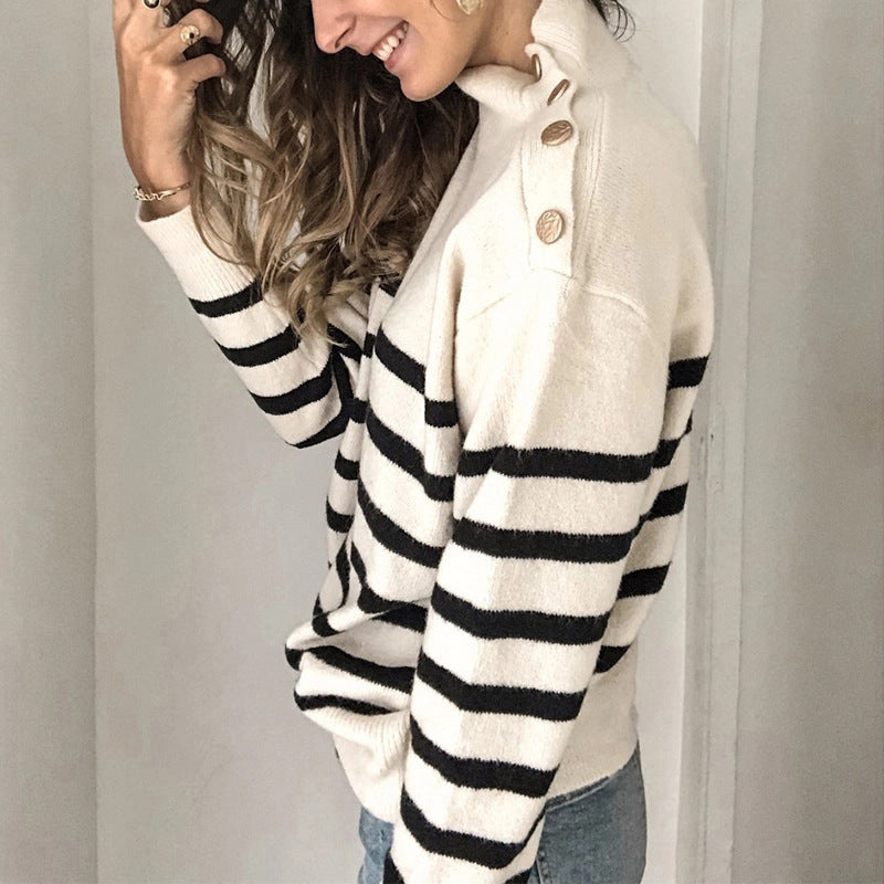 High Neck Knit Striped Sweater For Women