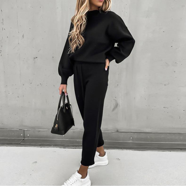 Women's 2-Piece Sweatsuit Outfits Lantern Sleeve Pullover Tops and High Waist Jogger Pants Lounge Set