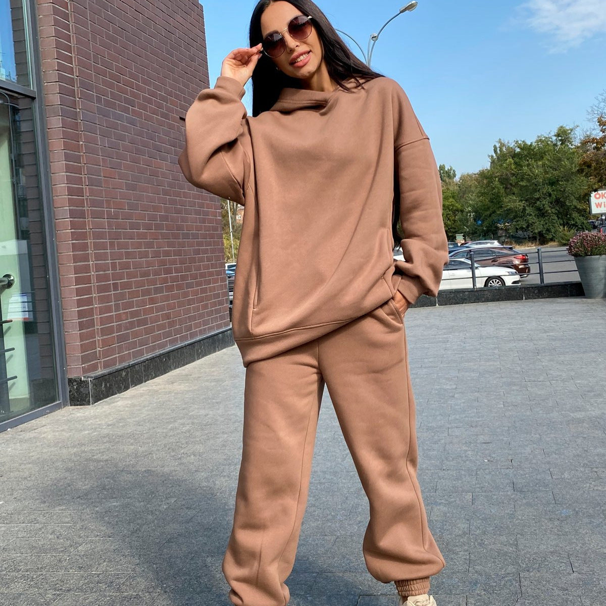 Women’ s Fashion Solid Color Hoodie Casual Two Piece Set