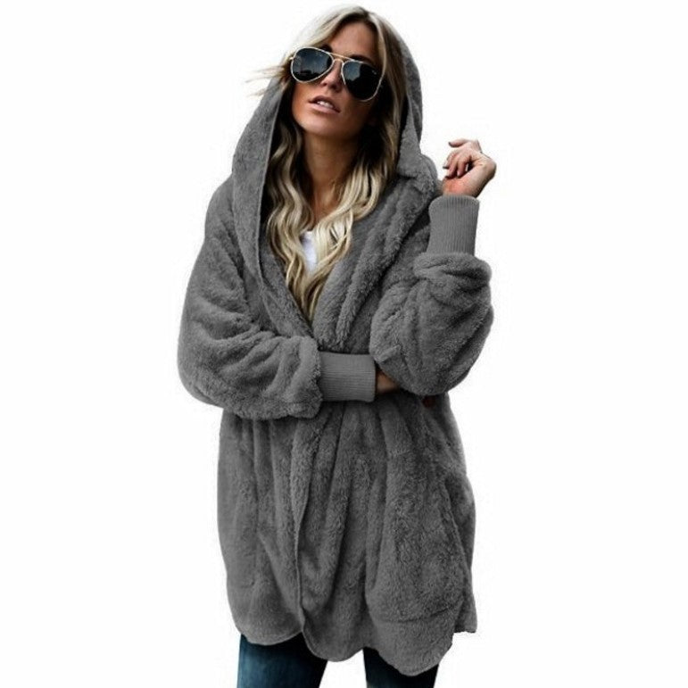 Women's Winter Plush Hoodie Cardigans with Pockets