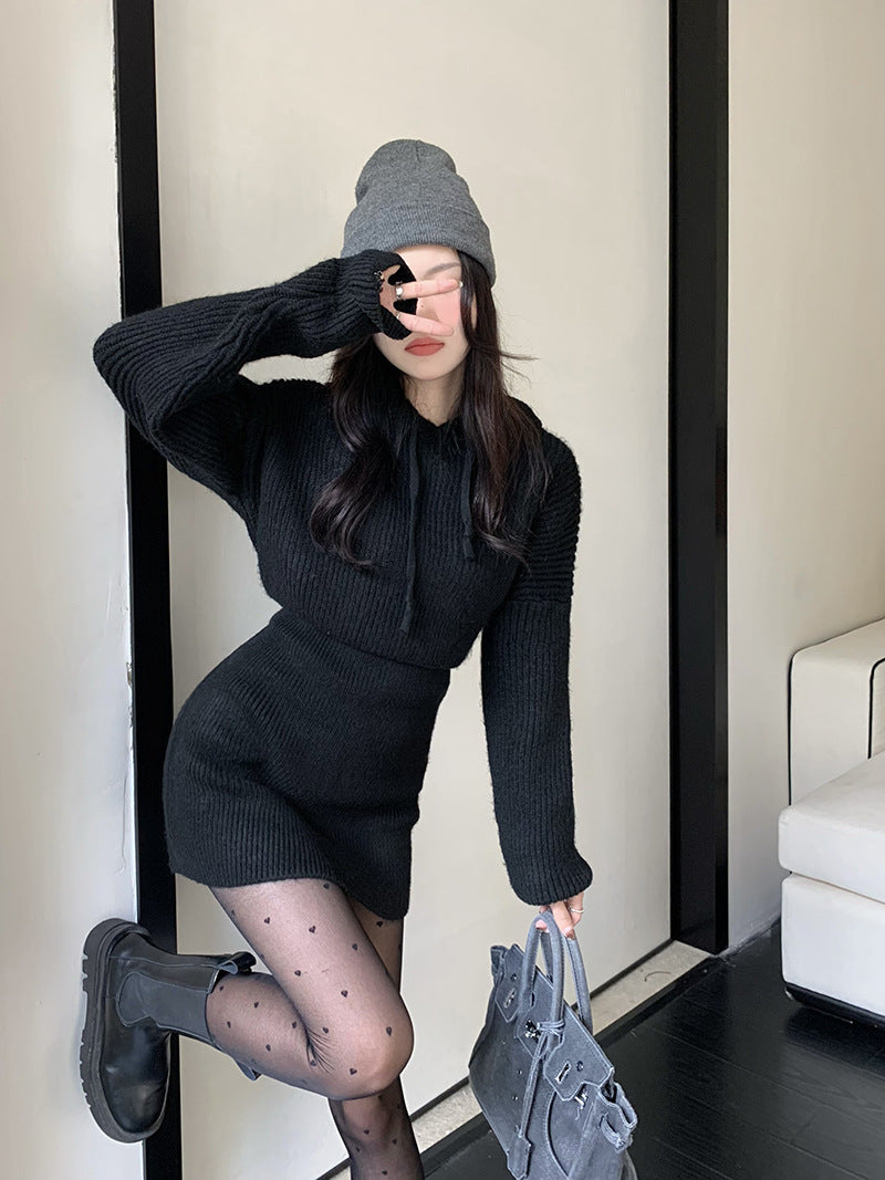 Women’ s Midi Knit Sweater Hooded Drawstring Dress