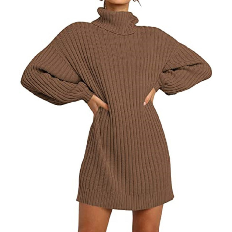 Women's Turtleneck Long Lantern Sleeve Loose Sweater Dress