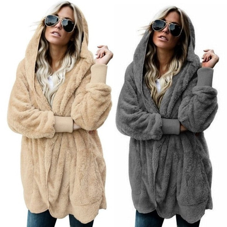 Women's Winter Plush Hoodie Cardigans with Pockets