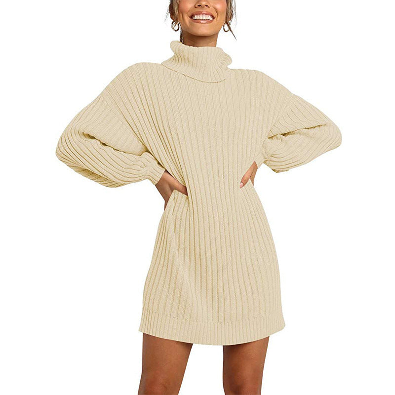 Women's Turtleneck Long Lantern Sleeve Loose Sweater Dress