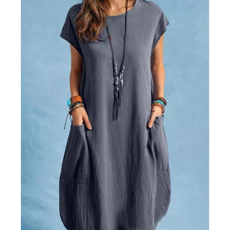 Women's Cotton Linen Loose Casual Pocket Dress