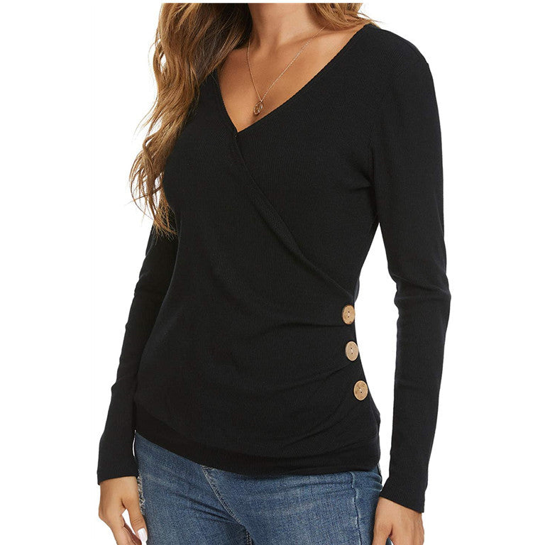 Women’s V-neck Tunic Long Sleeve Button T-shirt