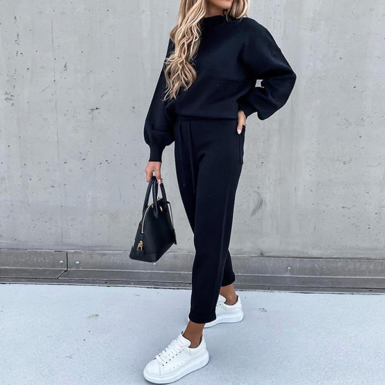 Women's 2-Piece Sweatsuit Outfits Lantern Sleeve Pullover Tops and High Waist Jogger Pants Lounge Set