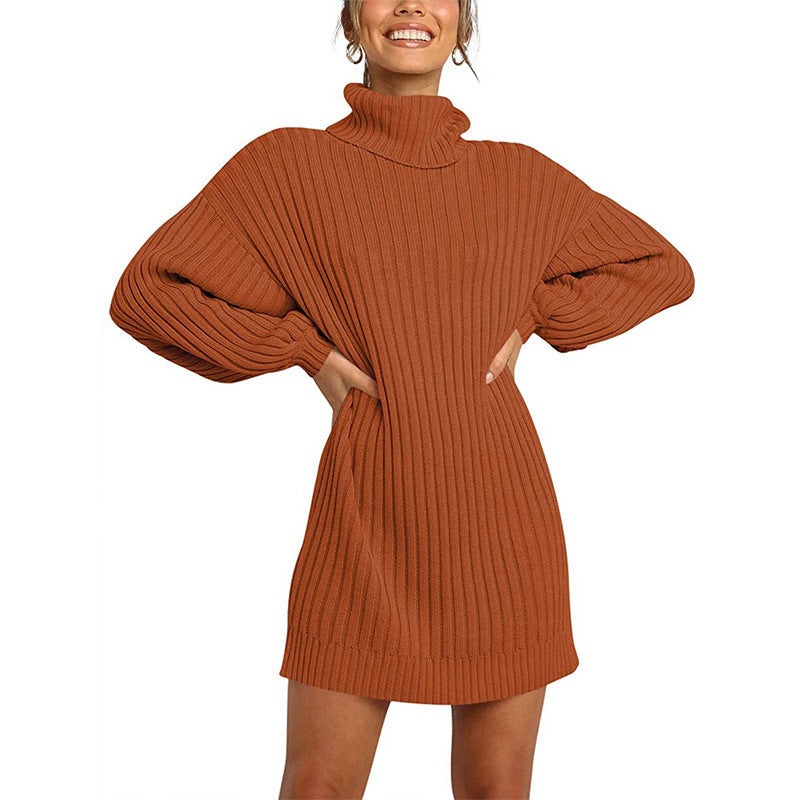 Women's Turtleneck Long Lantern Sleeve Loose Sweater Dress