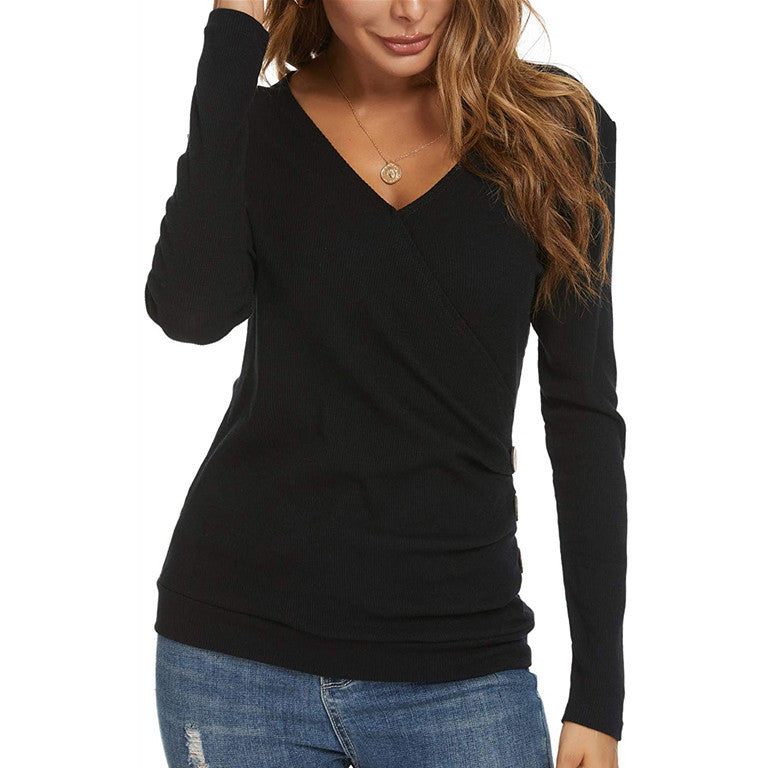 Women’s V-neck Tunic Long Sleeve Button T-shirt