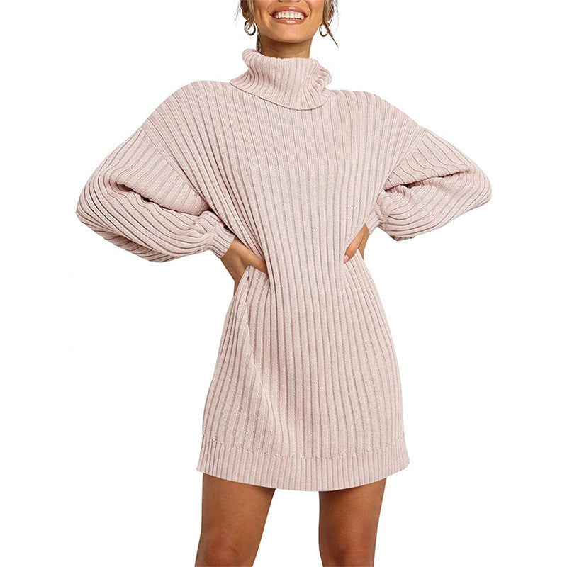 Women's Turtleneck Long Lantern Sleeve Loose Sweater Dress