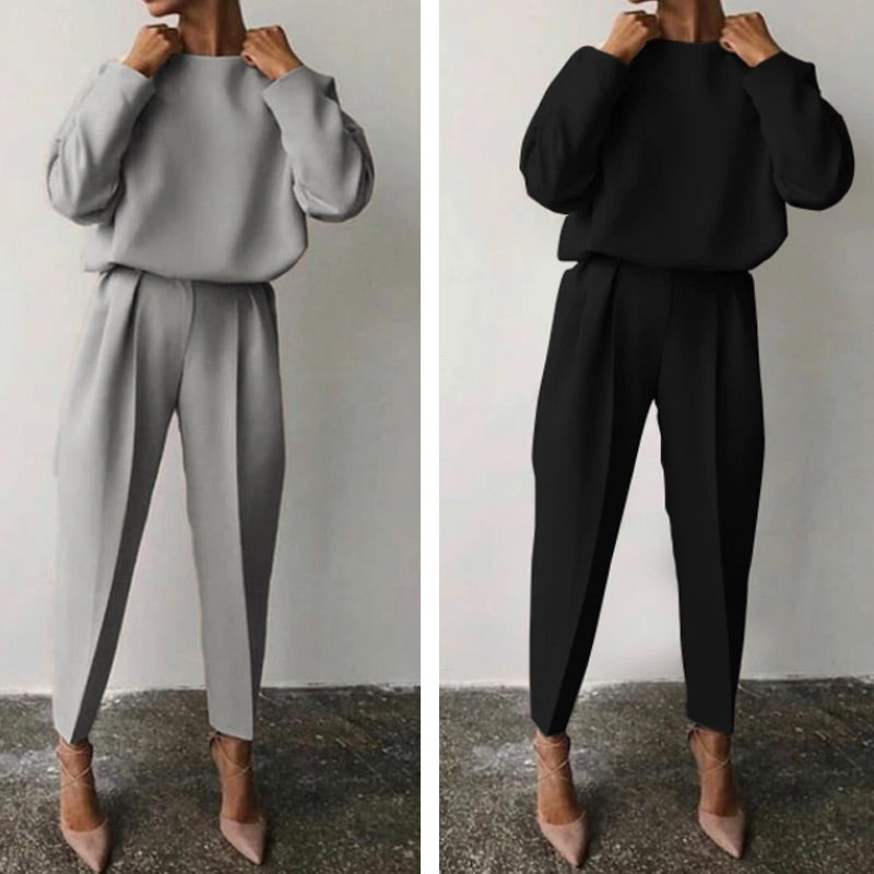 Women’s Suit Style Long Sleeve T-shirt & Cropped Pants 2 Piece Set