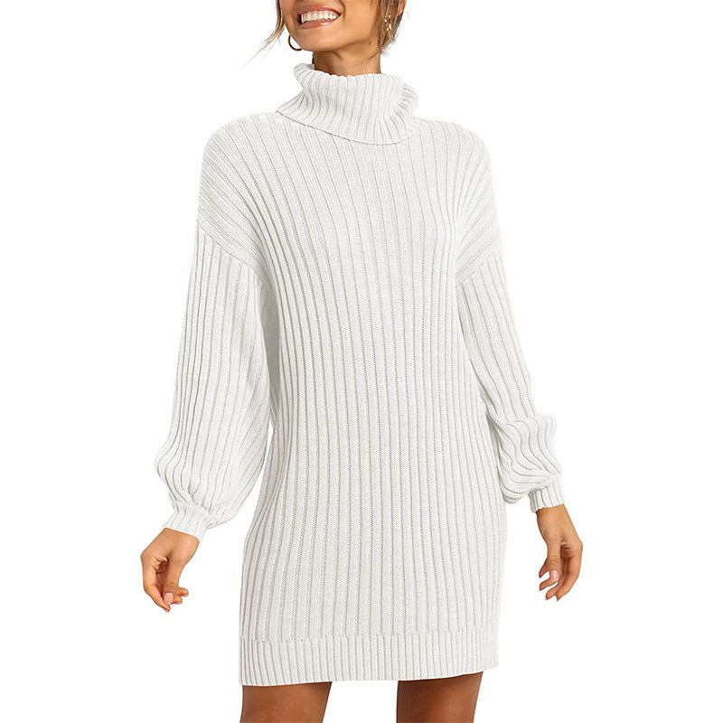 Women's Turtleneck Long Lantern Sleeve Loose Sweater Dress