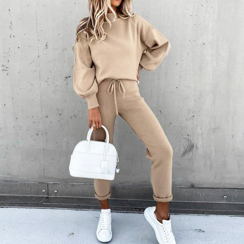 Women's 2-Piece Sweatsuit Outfits Lantern Sleeve Pullover Tops and High Waist Jogger Pants Lounge Set