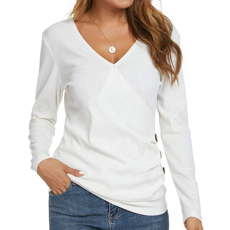 Women’s V-neck Tunic Long Sleeve Button T-shirt