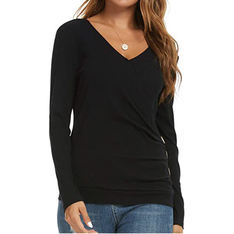 Women’s V-neck Tunic Long Sleeve Button T-shirt