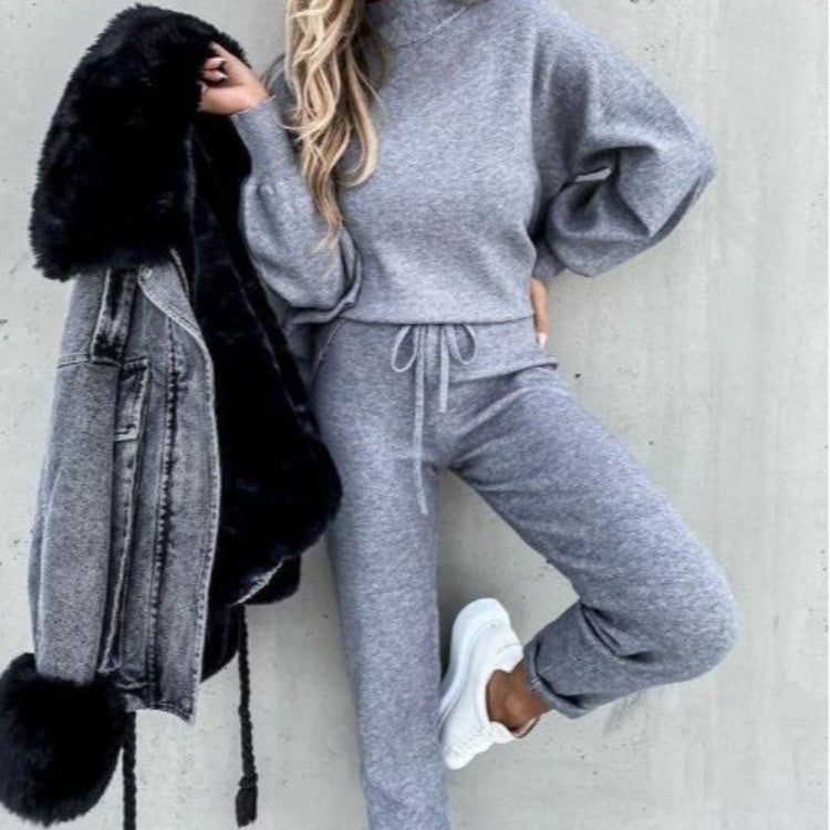 Women's 2-Piece Sweatsuit Outfits Lantern Sleeve Pullover Tops and High Waist Jogger Pants Lounge Set