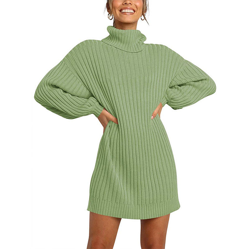 Women's Turtleneck Long Lantern Sleeve Loose Sweater Dress