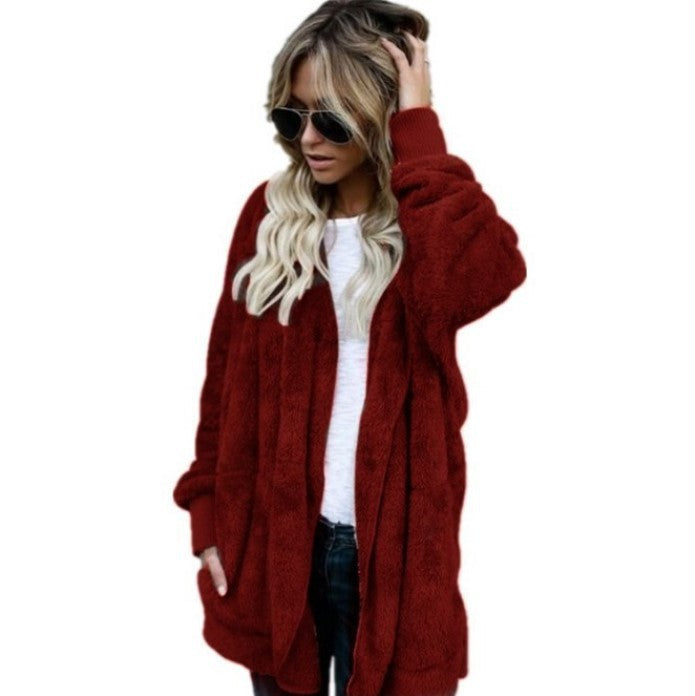 Women's Winter Plush Hoodie Cardigans with Pockets