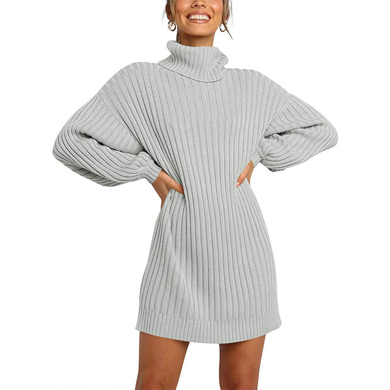 Women's Turtleneck Long Lantern Sleeve Loose Sweater Dress