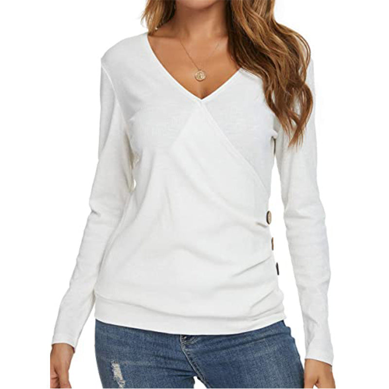 Women’s V-neck Tunic Long Sleeve Button T-shirt