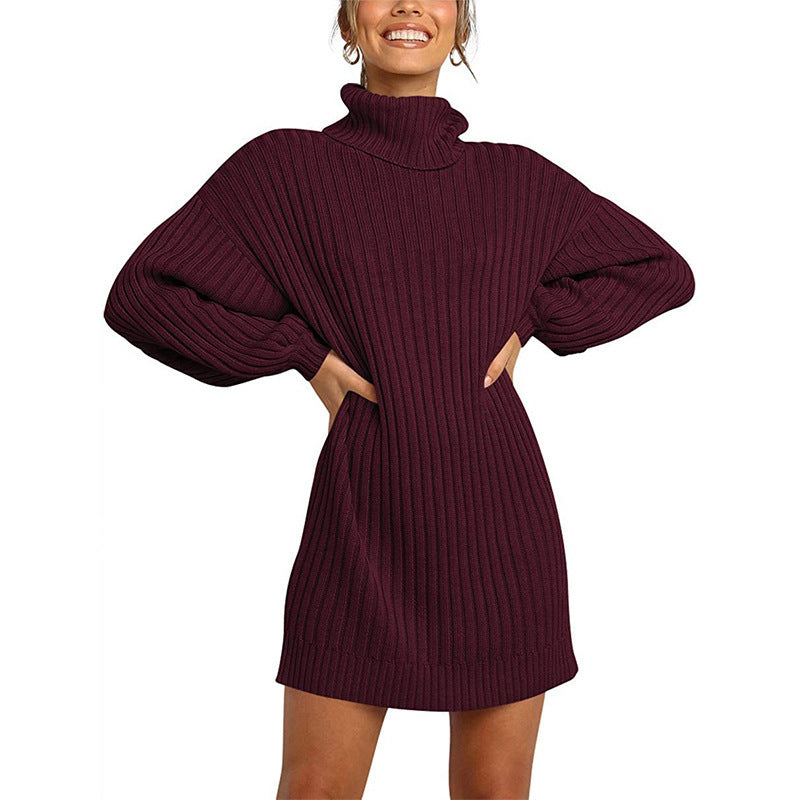 Women's Turtleneck Long Lantern Sleeve Loose Sweater Dress