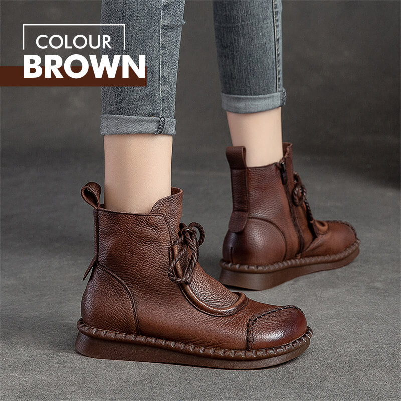 Women's Vintage Hand-Stitched Low Heel Round Toe Boots