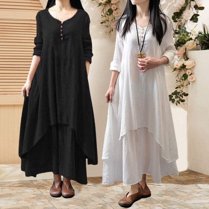 Fake Two-Piece Cotton Linen Dress For Women