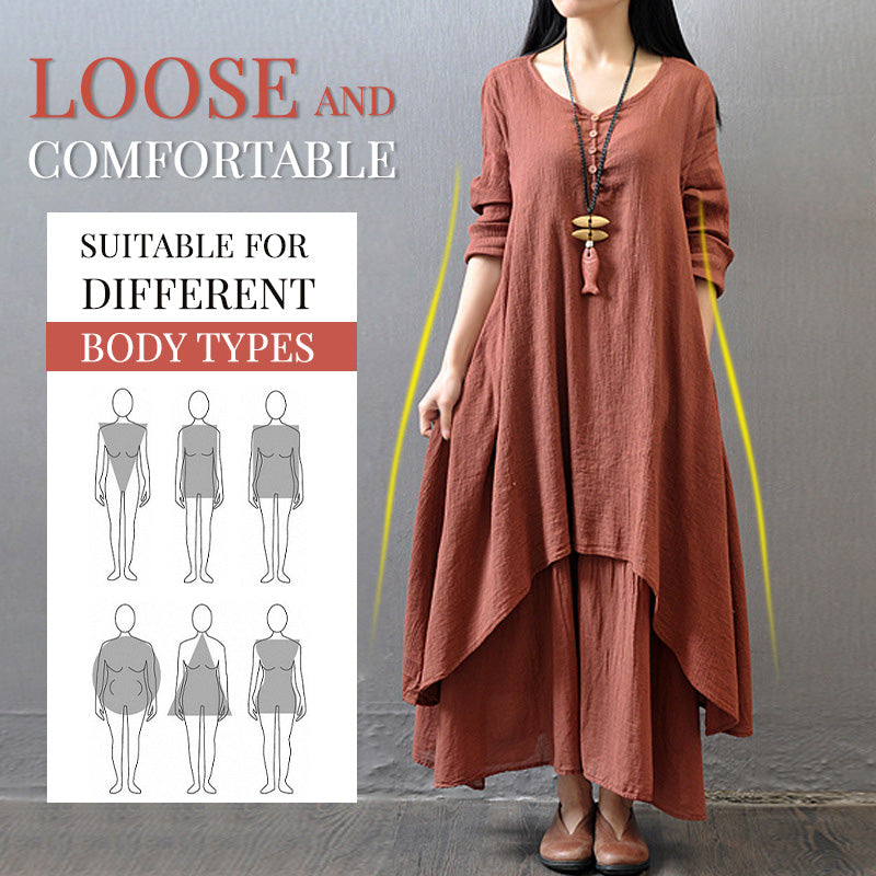 Fake Two-Piece Cotton Linen Dress For Women