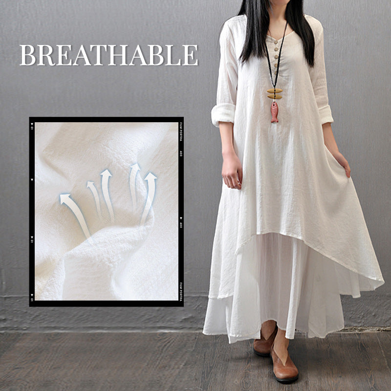 Fake Two-Piece Cotton Linen Dress For Women