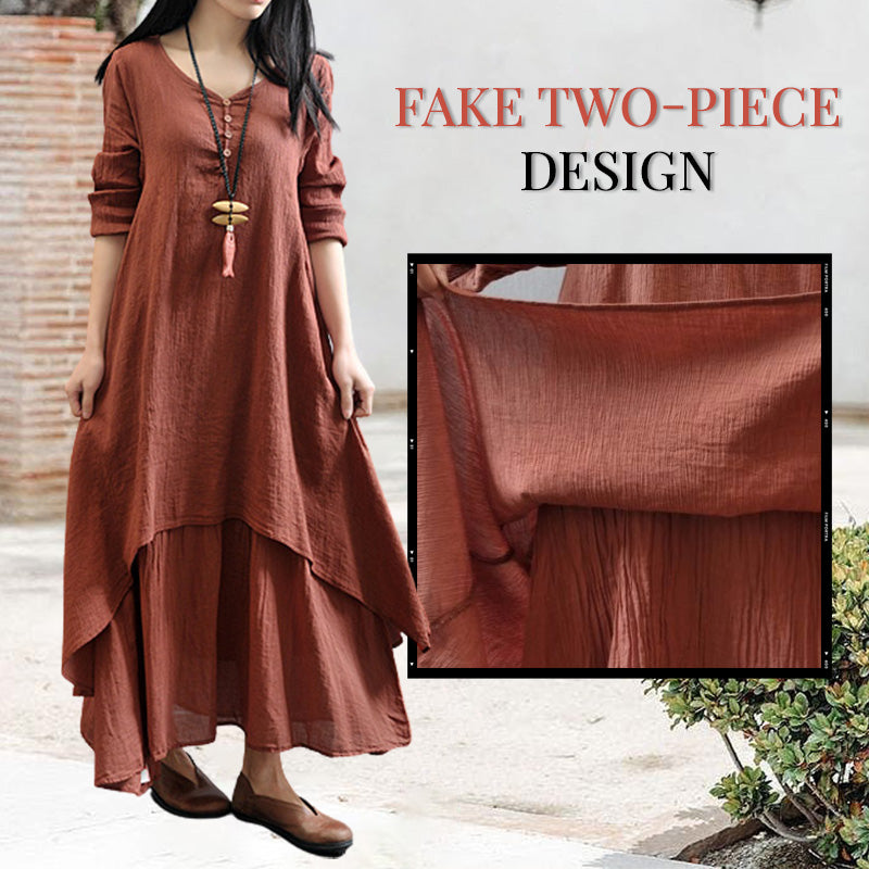 Fake Two-Piece Cotton Linen Dress For Women