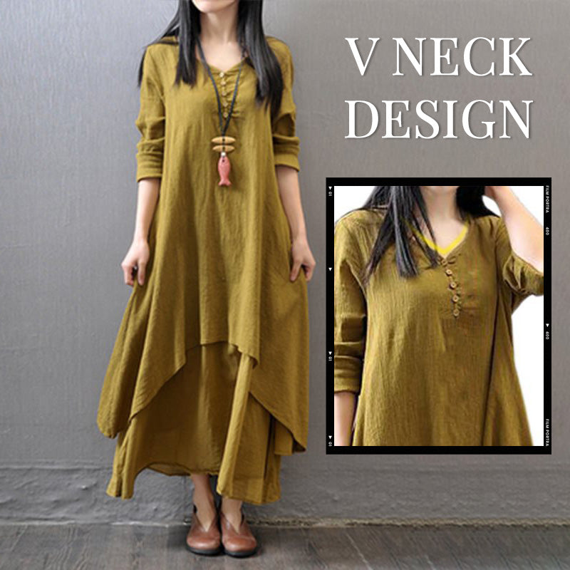 Fake Two-Piece Cotton Linen Dress For Women