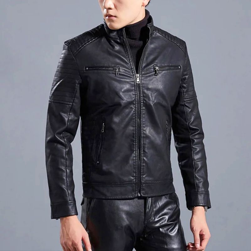 Men’s Stand Collar Biker Leather Jacket