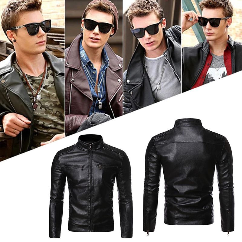 Men’s Stand Collar Biker Leather Jacket