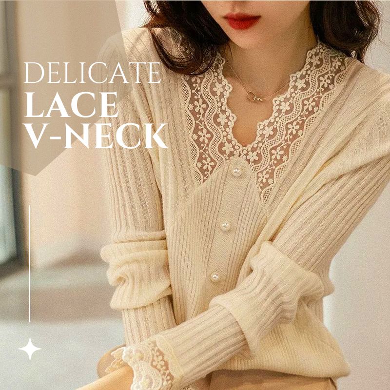 Women's Elegant Lace V-neck Knit Blouse