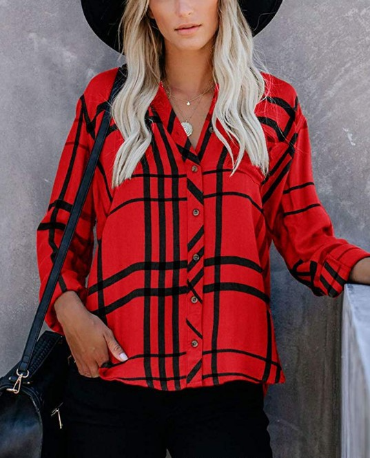 Women’ s Long Sleeve V Neck Striped Casual Shirt