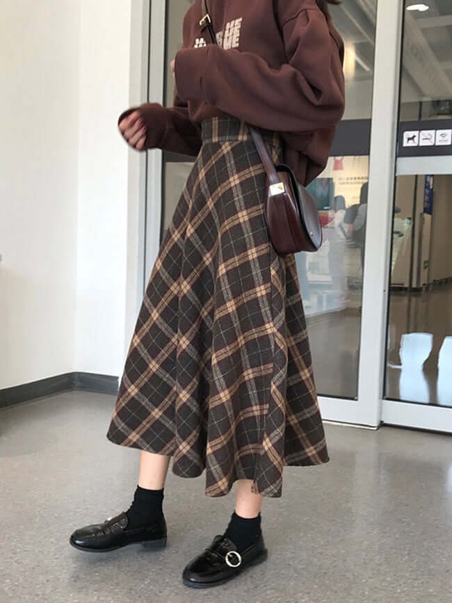 A-Line Flared Plaid Maxi Skirt