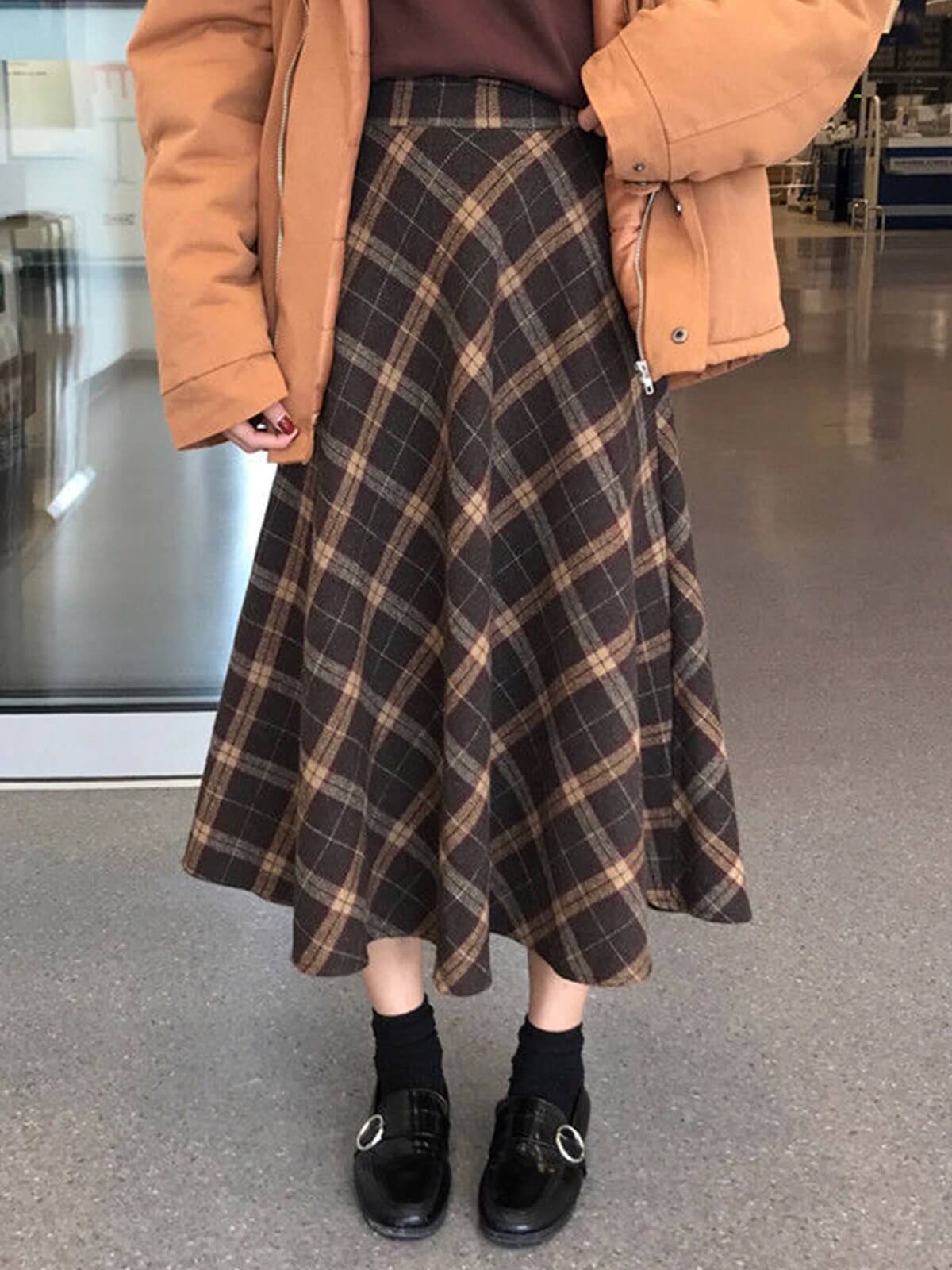 A-Line Flared Plaid Maxi Skirt